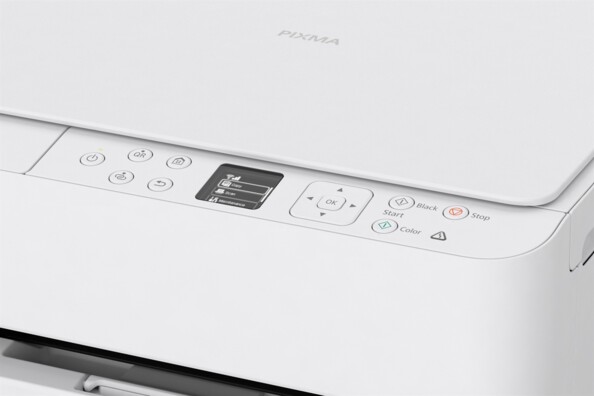 Gros plan du panneau de commande Canon PIXMA avec écran LCD, touches Start Black, Color et Stop