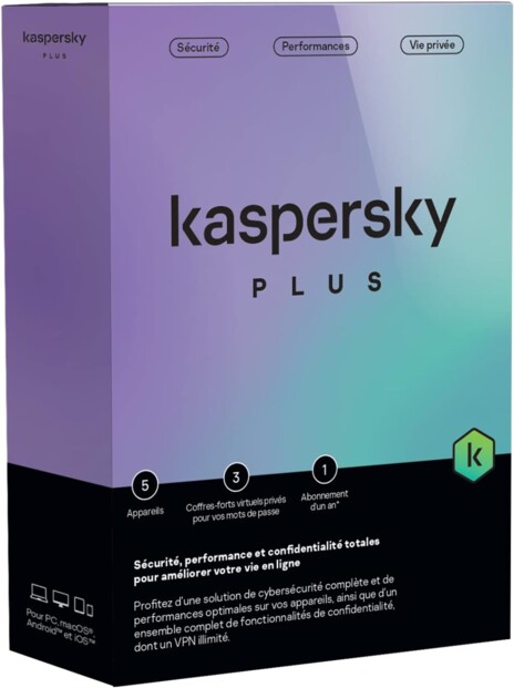 Kaspersky Plus antivirus pour 5 appareils avec VPN illimité licence 1 an