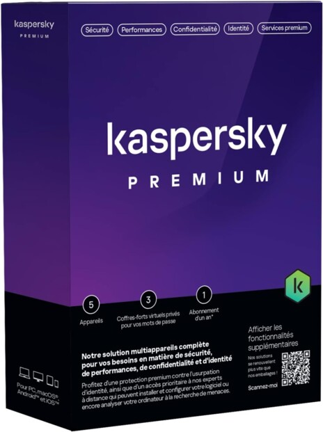 Kaspersky Premium antivirus pour 5 appareils avec VPN illimité licence 1 an