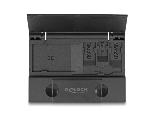 Étui DeLock ouvert avec slots SD MicroSD et Nano Sim visibles