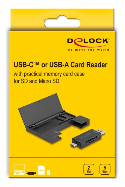 Packaging jaune DeLock pour lecteur de cartes USB-C ou USB-A avec badges 5 Gbps