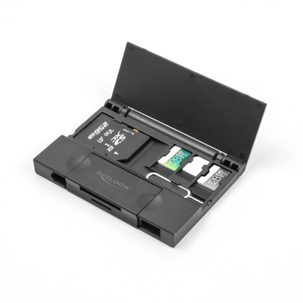 Étui DeLock avec cartes mémoire 256GB et 128GB et outil éjection SIM