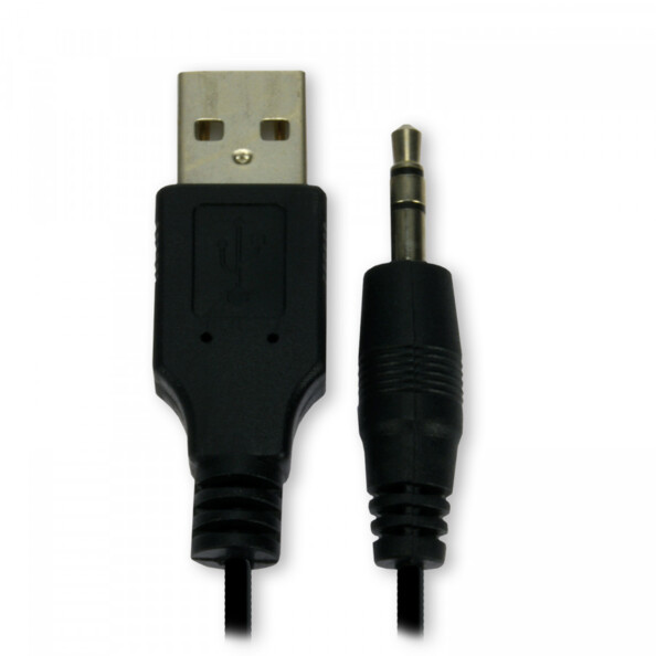 Câble d'alimentation avec connecteur USB-A mâle et câble audio avec connecteur jack 3,5 mm mâle