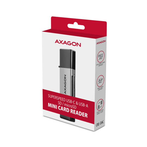 Mini lecteur de cartes SD et microSD AXAGON CRE-DAC USB-C et USB-A