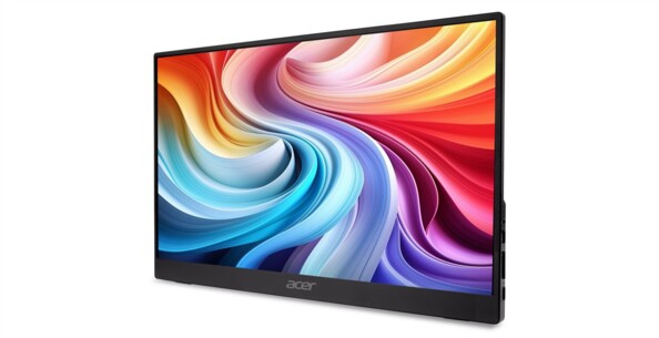 Moniteur portable Acer vu de trois quarts avec écran coloré et bordures fines