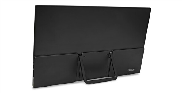 Arrière d'un moniteur portable noir avec support intégré déployé