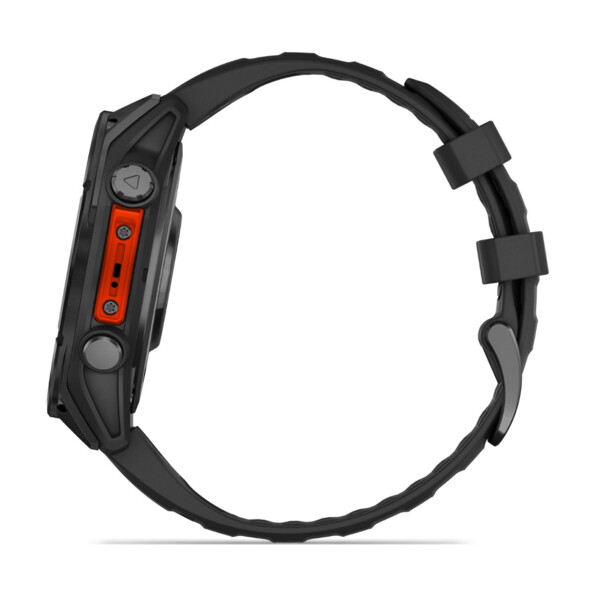 Horloge connectée Garmin Fenix 8, vue latérale avec insert orange et boutons de commande