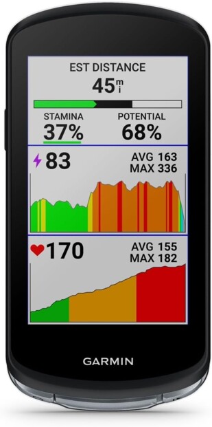 GPS Garmin Edge 1040 noir avec écran montrant métriques endurance, puissance et fréquence cardiaque