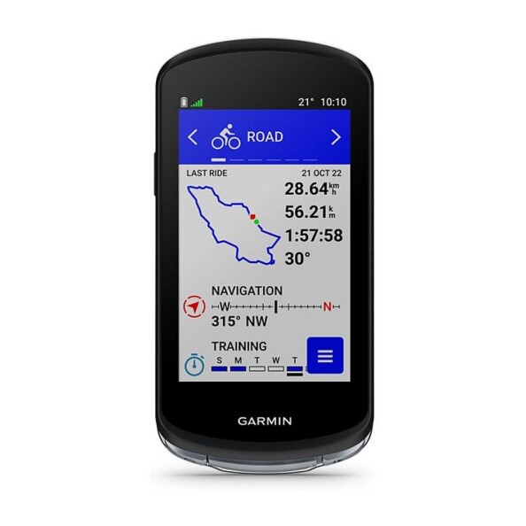 Compteur GPS vélo Garmin Edge 1040 noir affichant résumé dernier trajet 28,64 km et widgets navigation