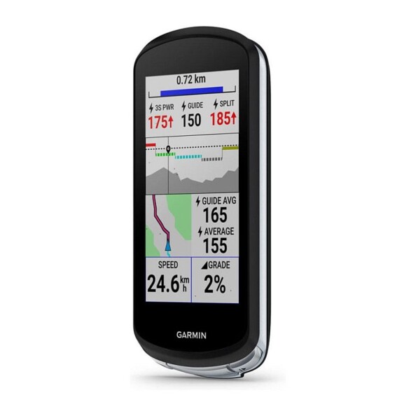 Compteur vélo Garmin Edge 1040 affichant données puissance, profil d’élévation, vitesse 24,6 km/h et carte