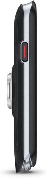 Profil latéral d’un téléphone noir avec bouton photo rouge et module caméra saillant métallisé