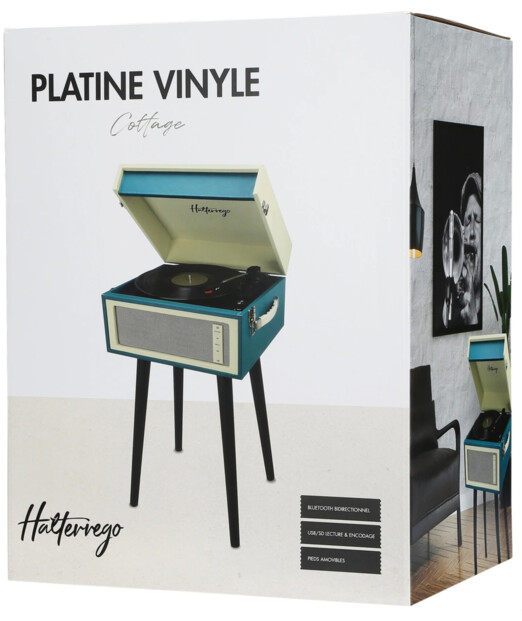 Platine vinyle rétro bluetooth Cottage Bleu Canard avec 4 pieds amovibles