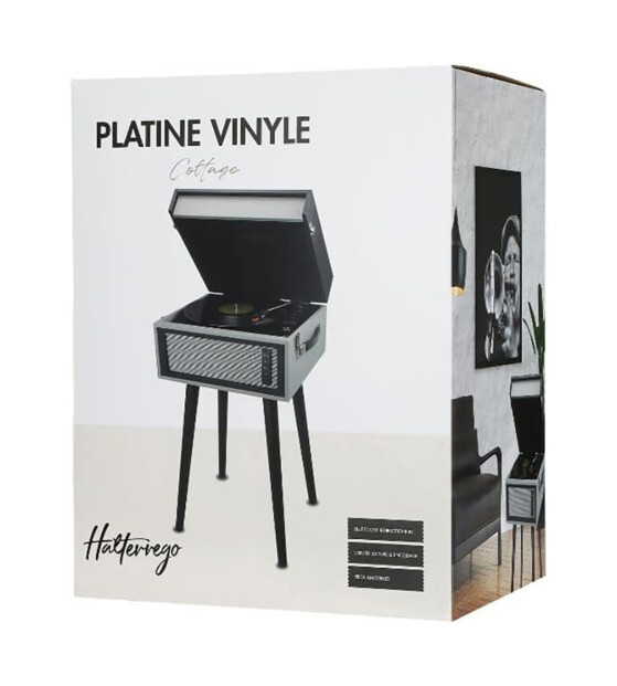 Platine vinyle rétro bluetooth Cottage gris clair avec 4 pieds amovible