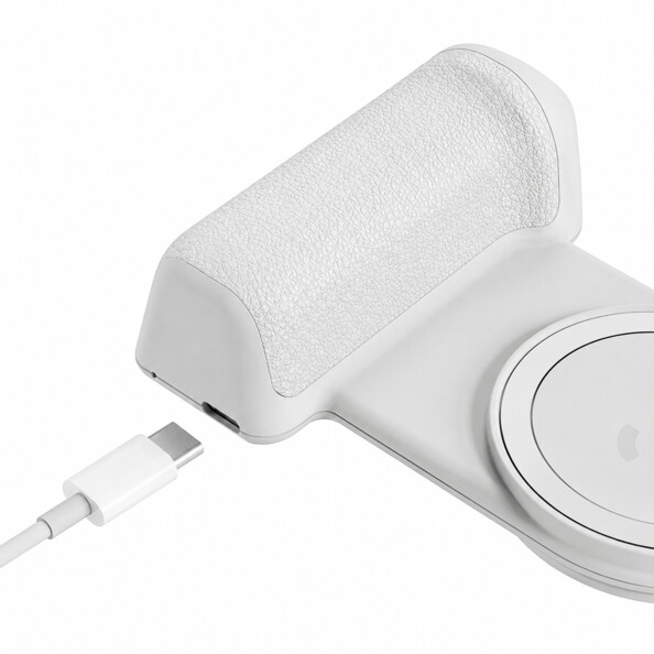 Grip batterie magnétique SnapGrip Pro gris, vue du port USB-C avec câble de charge