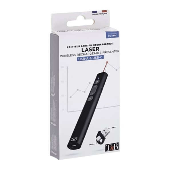 Pointeur laser sans fil rechargable T'nB coloris noir avec dongle USB-A/USB-C dans son emballage cartonné