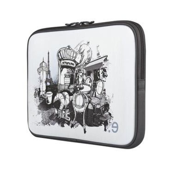 Etui de protection textile pour notebook 15" beez I lov paris blue morning de face côté droit orienté vers nous avec vue sur la double fermeture à glissière
