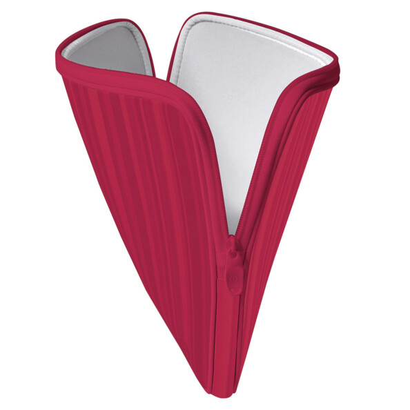 Etui de protection en textile souple rembourré couleur rouge avec double fermeture à glissière vue de biais côté droit