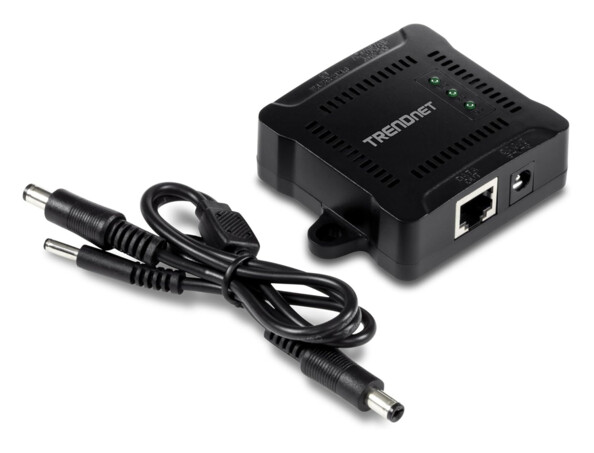 Séparateur PoE TrendNet noir avec trois embouts d’alimentation interchangeables et câble