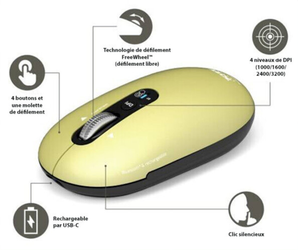 Souris Bluetooth PURE MAC jaune Port Connect, clics silencieux