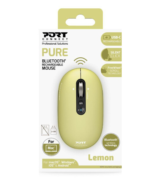 Souris Bluetooth PURE MAC jaune Port Connect, clics silencieux