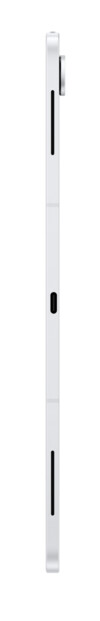 Profil latéral de tablette Samsung argentée avec bouton noir et lignes d’antenne verticales