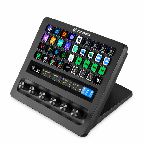 Stream Deck + Elgato sur son support avec touches LCD allumées