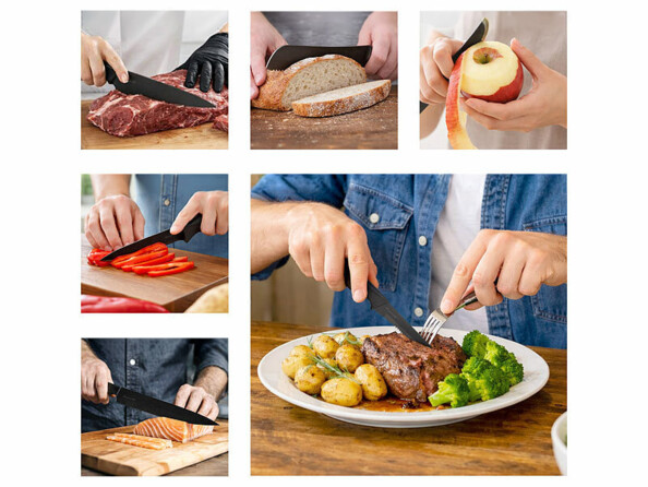 6 différents couteaux de cuisine mis en situation
