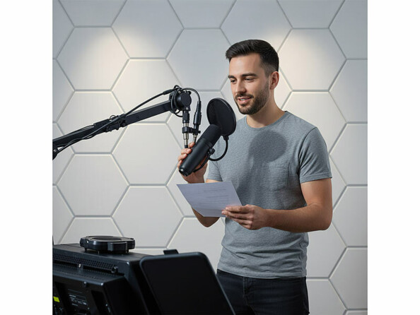 panneaux isolation phonique autocollants mis en situation sur les murs d'un studio d'enregistrement avec un chanteur