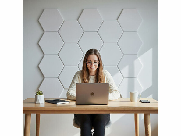 panneaux phoniques autocollants hexagonaux mis en situation dans un bureau avec une feme travaillant sur un ordinateur