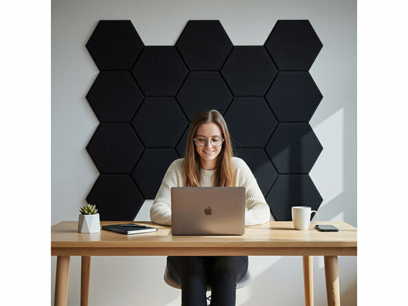 panneaux acoustiques autocollants hexagonaux mis en situation dans un bureau avec femme travaillant sur un ordinateur
