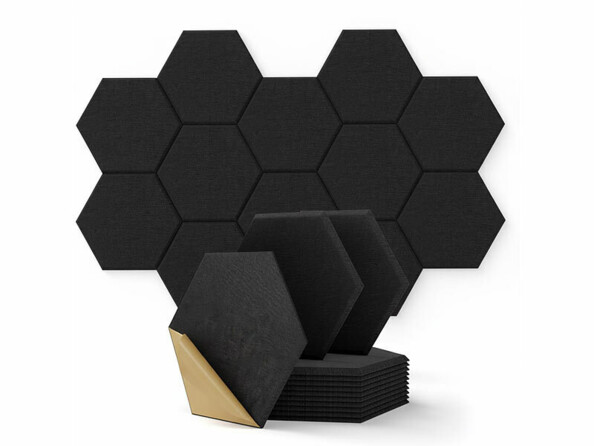 12 panneaux acoustiques autocollants hexagonaux 30 x 26 cm vus sous différents angles