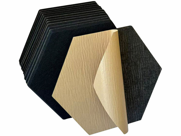 12 panneaux acoustiques autocollants hexagonaux 30 x 26 cm vus sous différents angles