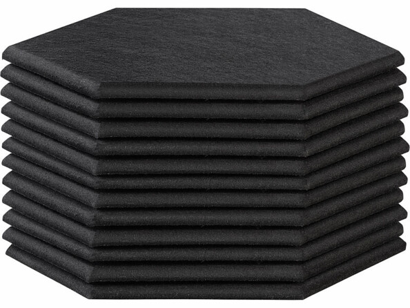 12 panneaux acoustiques autocollants hexagonaux 30 x 26 cm empilés vus de coté