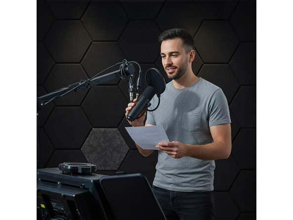 panneaux isolation phonique hexagonaux mis en situation dans un studio d'enregistrement avec un chanteur