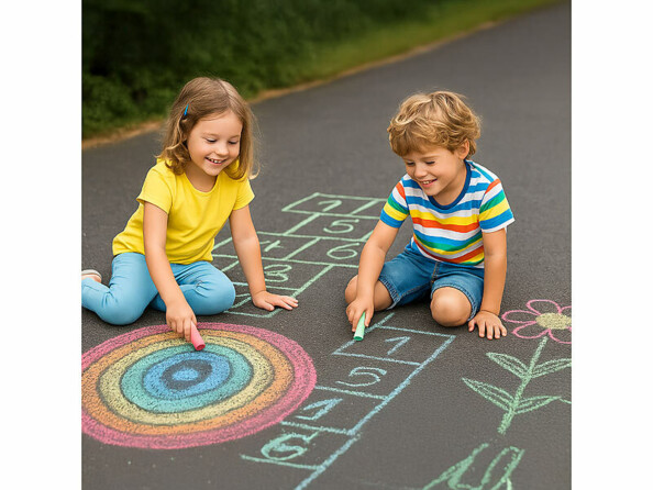 2 enfants dessinant sur un trottoir avec des craies géantes