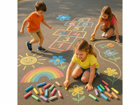 enfants dessinant sur le sol avec des craies pour extérieur