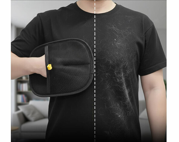 Gant anti-poils d'animaux chiens & chats mis en situation avec mannequins collectant les poils sur un t-shirt