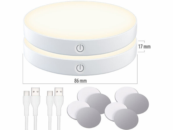 2 lampes tactiles magnétiques rechargeables vues de face avec câbles usb et fixations autocollantes