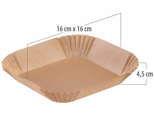 barquette de cuisson en papier sulfurisé pour friteuse à air chaud avec dimensions 16 x 16 x 4,5 cm