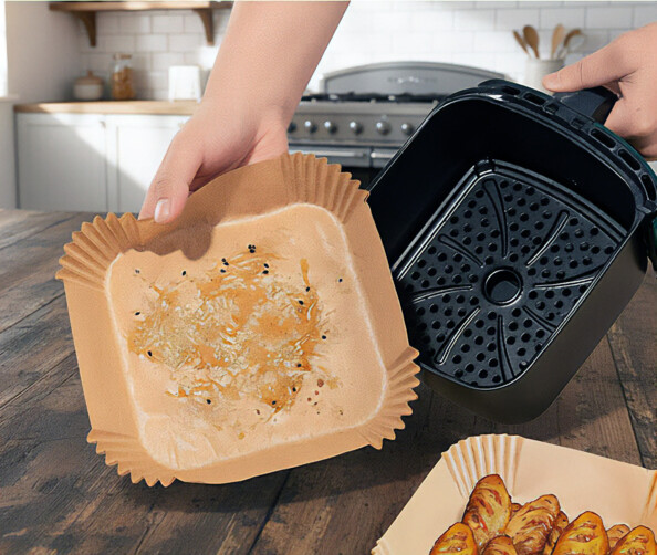 barquette de cuisson en papier sulfurisé pour airfryer sortant d'un bac avec reste de gras