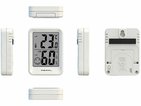 Six vues du thermo-hygromètre Pearl avec dos, compartiment piles et bouton de réglage °C/°F