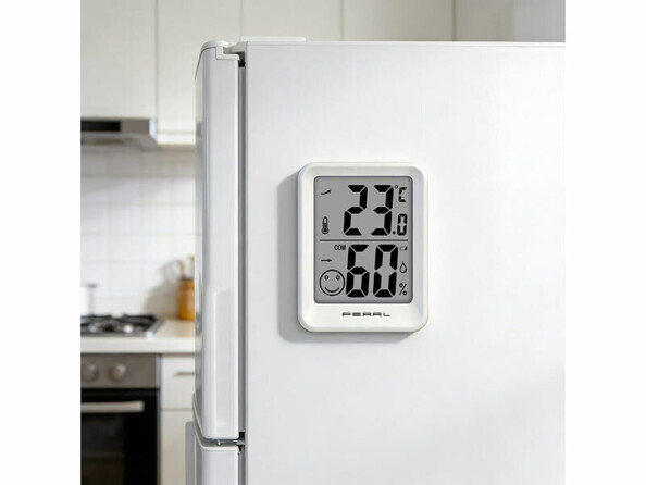 Thermo-hygromètre Pearl aimanté sur réfrigérateur dans une cuisine moderne affichant 23 °C