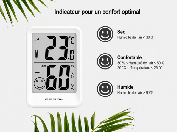 Thermo-hygromètre Pearl avec écran 23 °C’et 60 % et légende des seuils sec confortable humide