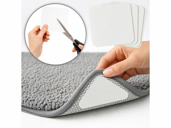 4 patchs antidérapants pour tapis lavables découpables et mise en situation sous un tapis