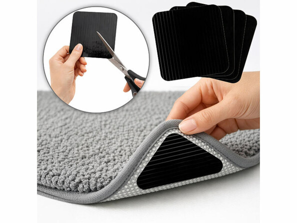 4 patchs antidérapants pour tapis lavables avec mise en situation découpable et sous un tapis