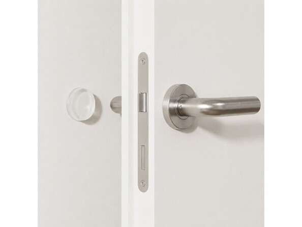 protection murale pour poignée de porte Ø 50 mm collée sur un mur derrière une porte mise en situation
