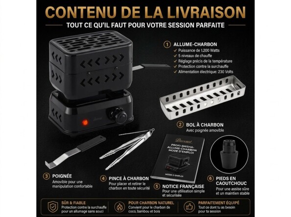 Contenu de la livraison de l'allume-charbon avec pince et bac