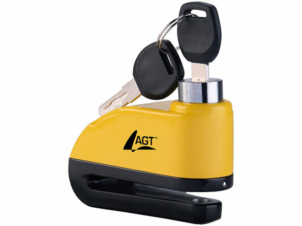 Antivol bloque-disque vu de côté avec clés insérées