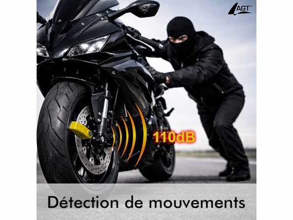 Antivol bloque-disque mis en situation sur une moto avec texte et alarme 110 db