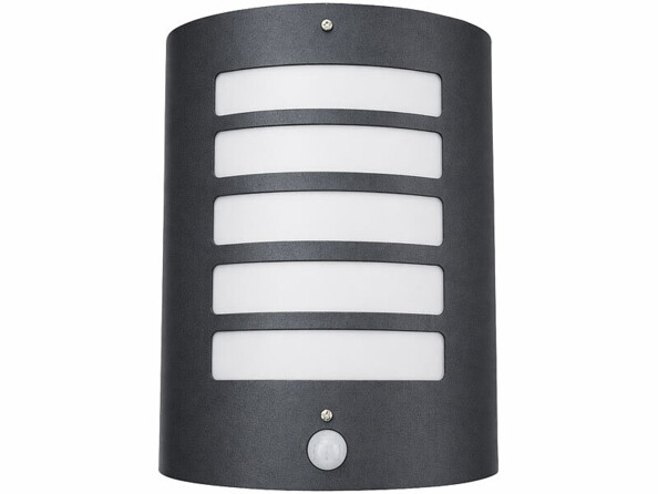 Applique extérieure anthracite vue de face avec cinq diffuseurs opalescents et capteur PIR